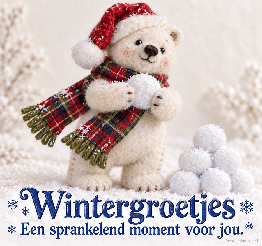 Een witte vilten ijsbeer met sjaal en sneeuwbal brengt sprankelende wintergroetjes. Een witte vilten ijsbeer met sjaal en sneeuwbal brengt sprankelende wintergroetjes.