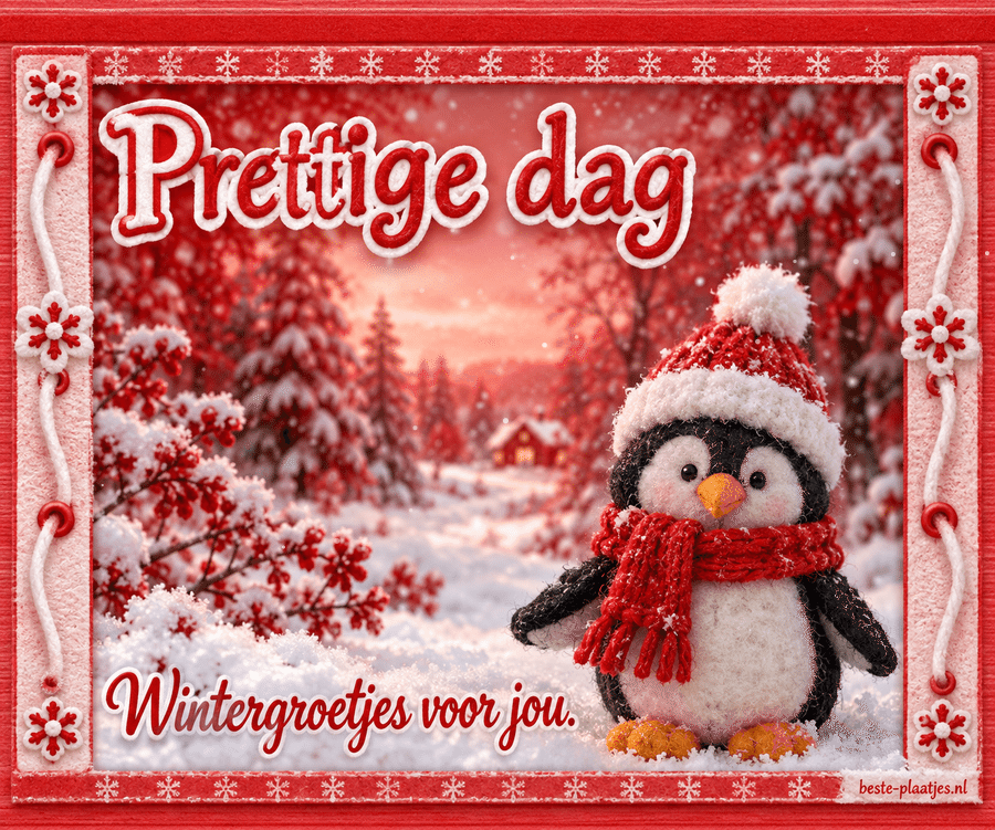 Een vilten pinguïn in een rood sneeuwkader wenst je een prettige dag. Een vilten pinguïn in een rood sneeuwkader wenst je een prettige dag.