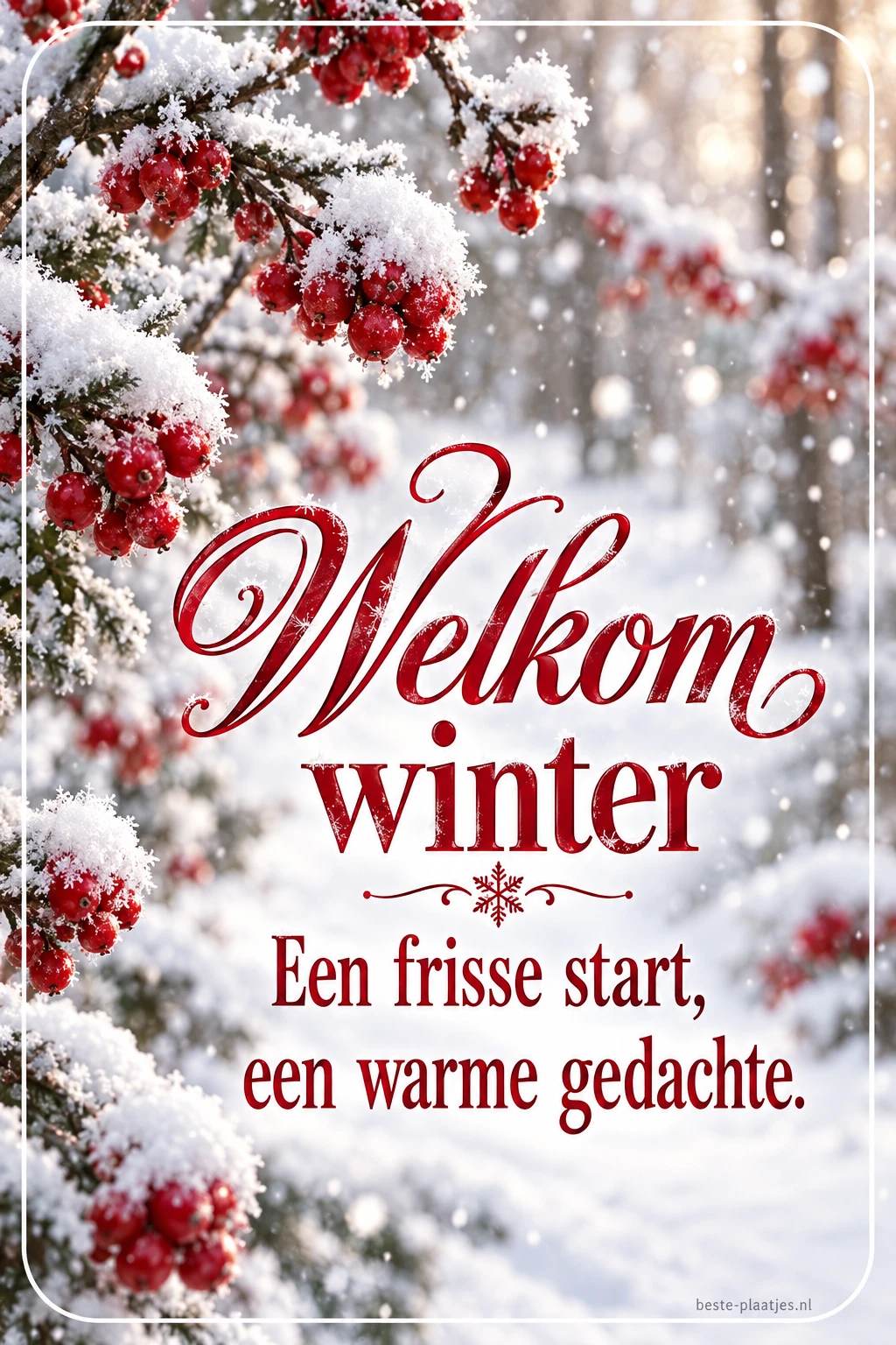 Rode bessen en besneeuwde takken vormen een rustige winterkaart. Rode bessen en besneeuwde takken vormen een rustige winterkaart.