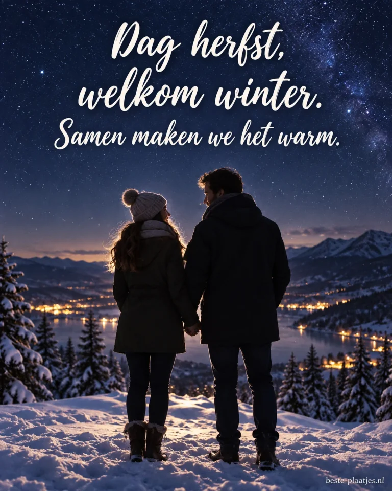 Twee silhouetten onder een sterrenhemel verwelkomen samen de winter.