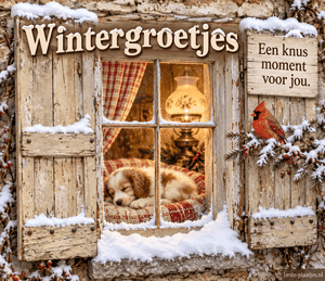 Een slapend hondje achter een warm raam brengt knusse wintergroetjes.