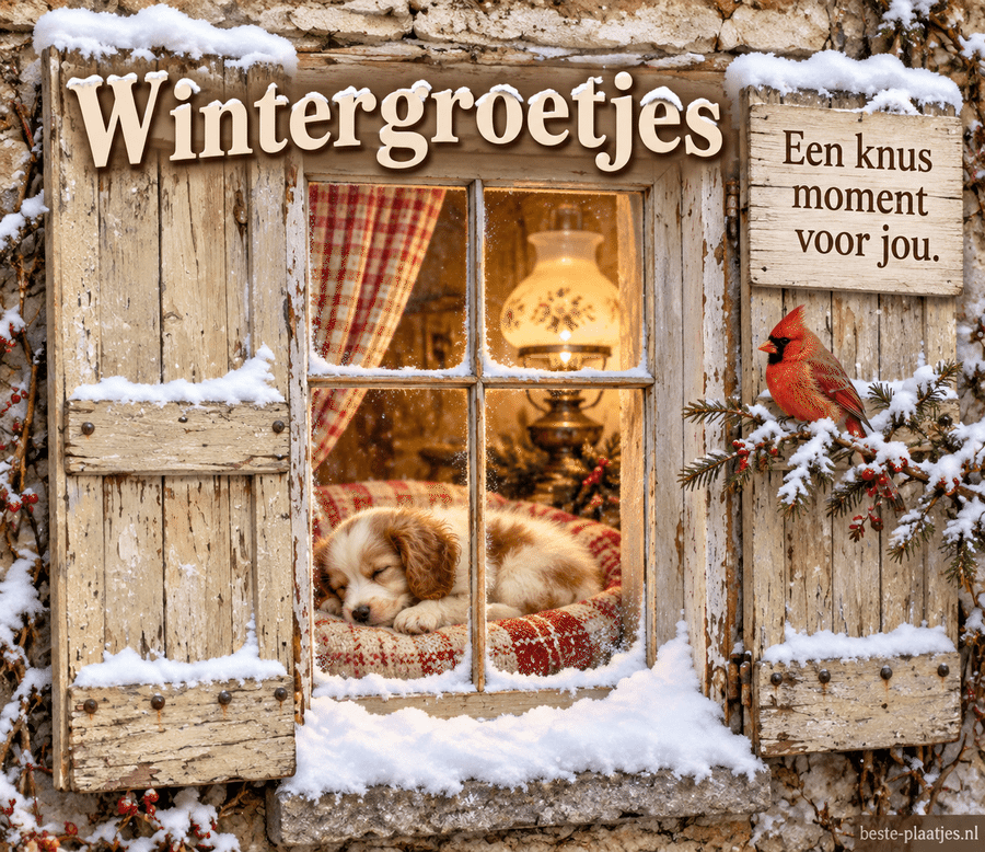 Een slapend hondje achter een warm raam brengt knusse wintergroetjes. Een slapend hondje achter een warm raam brengt knusse wintergroetjes.