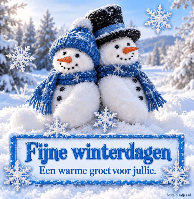Twee sneeuwpoppen met blauwe sjaals brengen een warme wintergroet.