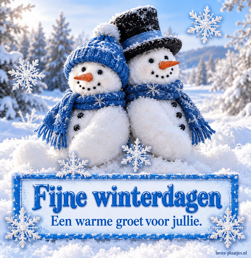 Twee sneeuwpoppen met blauwe sjaals brengen een warme wintergroet. Twee sneeuwpoppen met blauwe sjaals brengen een warme wintergroet.