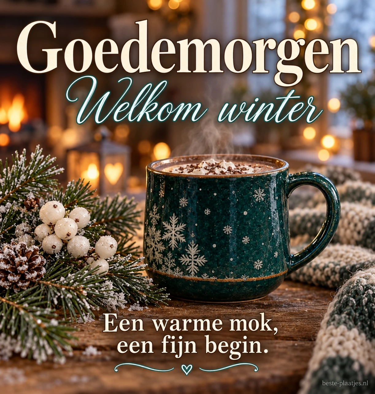 Een warme mok met dennengroen brengt een gezellige winterse ochtendgroet. Een warme mok met dennengroen brengt een gezellige winterse ochtendgroet.