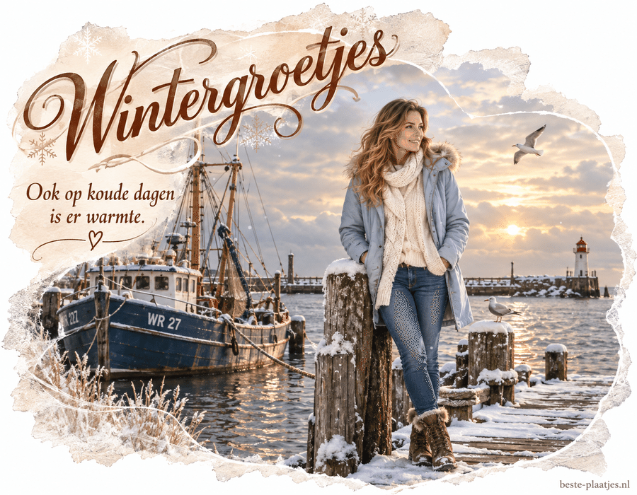Een vrouw op een besneeuwde havensteiger brengt een hartelijke wintergroet. Een vrouw op een besneeuwde havensteiger brengt een hartelijke wintergroet.