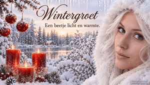Een winterportret met rode kaarsen en sneeuw brengt een warme groet.