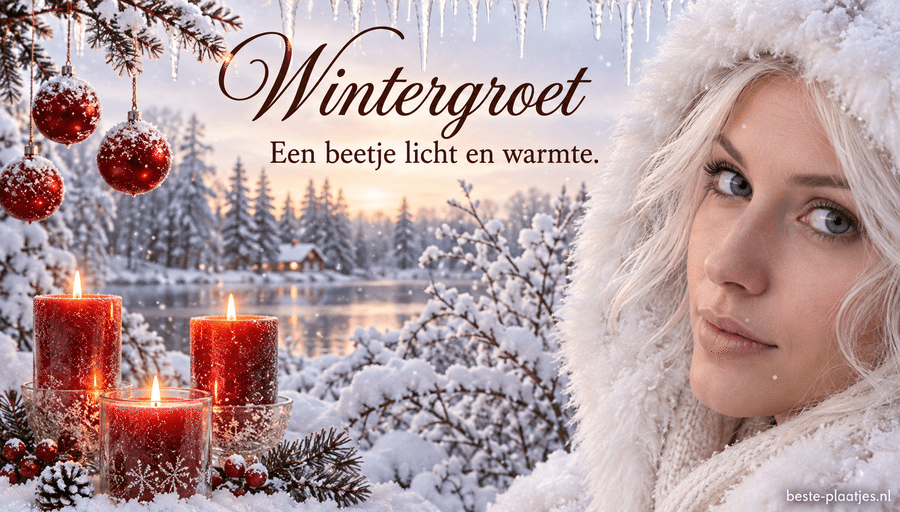 Een winterportret met rode kaarsen en sneeuw brengt een warme groet. Een winterportret met rode kaarsen en sneeuw brengt een warme groet.