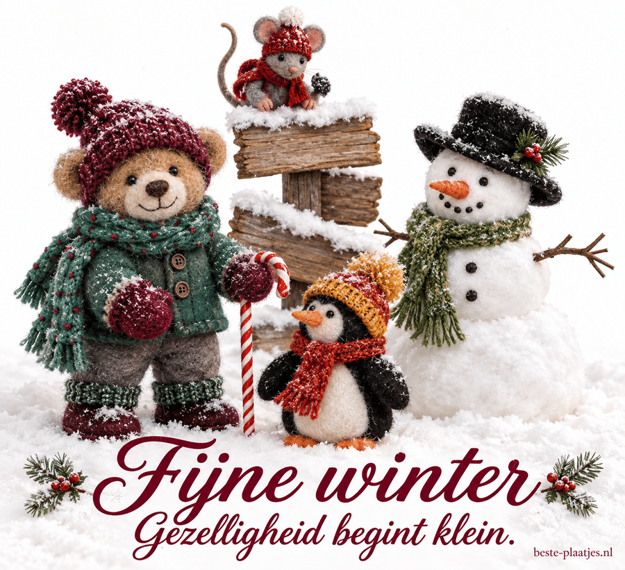 Een sneeuwpop met vilten dierfiguurtjes vormt een gezellige wintergroet. Een sneeuwpop met vilten dierfiguurtjes vormt een gezellige wintergroet.