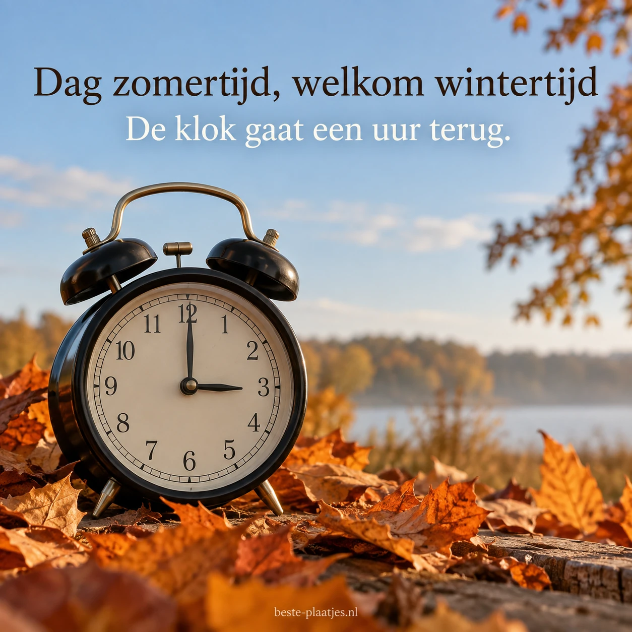 Een klassieke wekker tussen herfstbladeren kondigt de overgang naar wintertijd aan. Een klassieke wekker tussen herfstbladeren kondigt de overgang naar wintertijd aan.