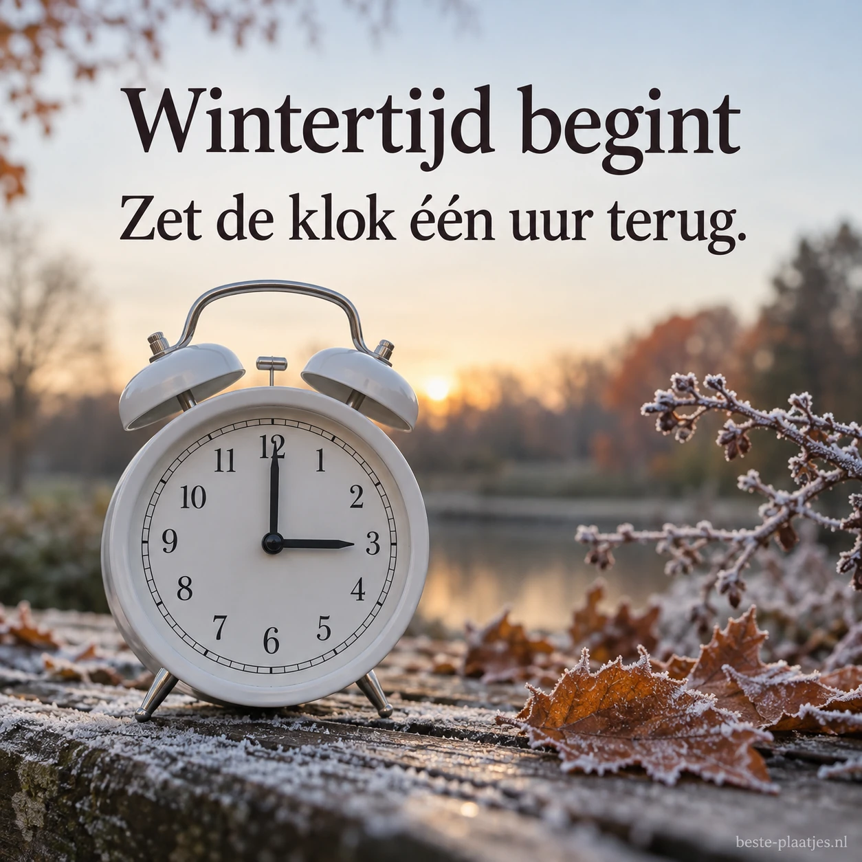Een duidelijke klok en een koel landschap herinneren aan het begin van de wintertijd. Een duidelijke klok en een koel landschap herinneren aan het begin van de wintertijd.