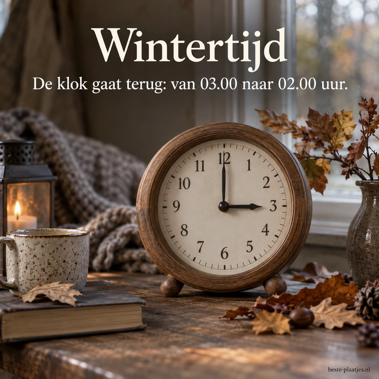 Een klok met herfstbladeren herinnert aan het terugzetten van de klok bij wintertijd. Een klok met herfstbladeren herinnert aan het terugzetten van de klok bij wintertijd.