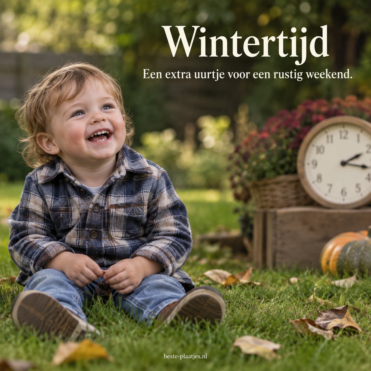 Een lachend kind op het gras geeft een vrolijke knipoog naar het extra uur bij wintertijd. Een lachend kind op het gras geeft een vrolijke knipoog naar het extra uur bij wintertijd.
