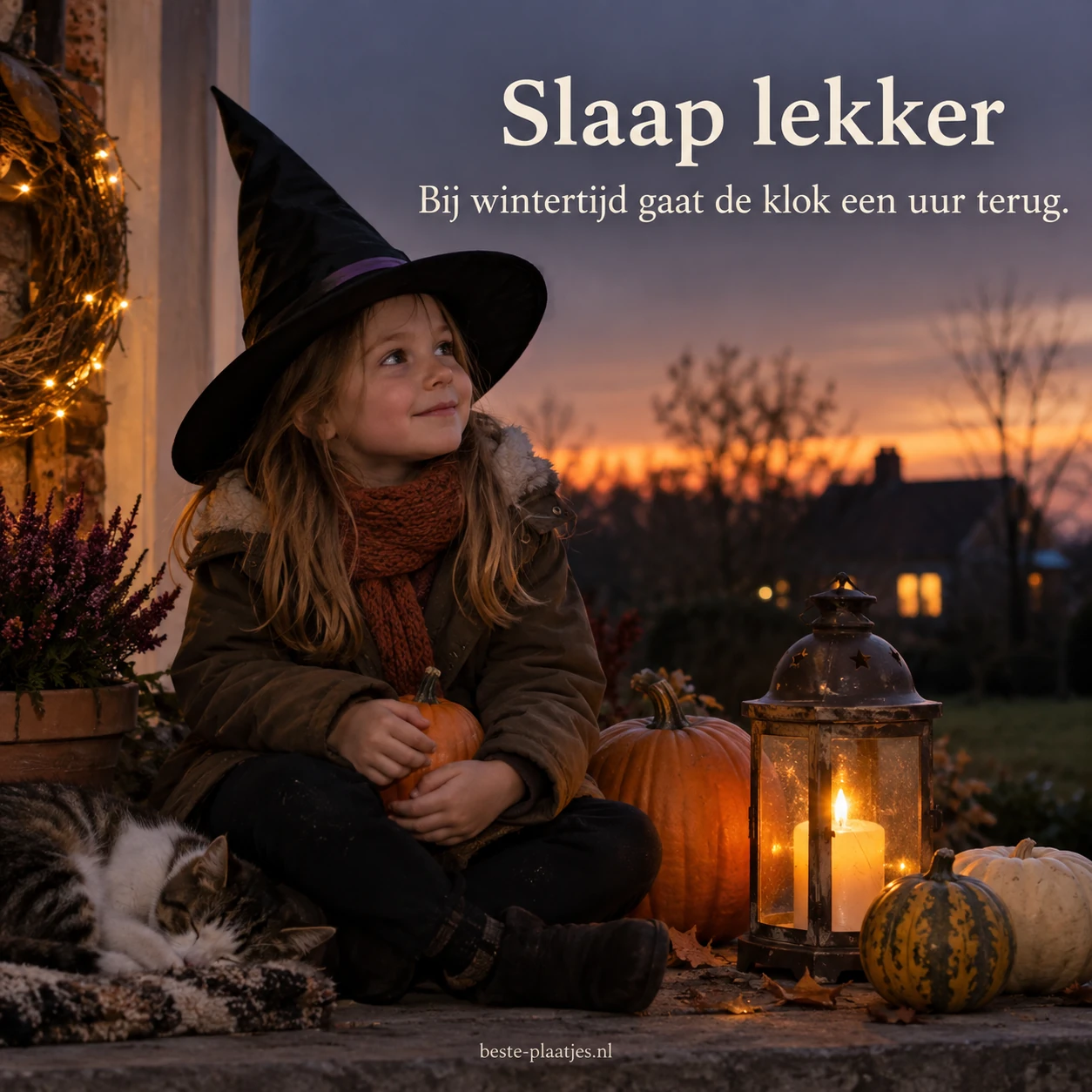 Een kind bij een lantaarn en pompoenen brengt een rustige avondgroet voor wintertijd. Een kind bij een lantaarn en pompoenen brengt een rustige avondgroet voor wintertijd.