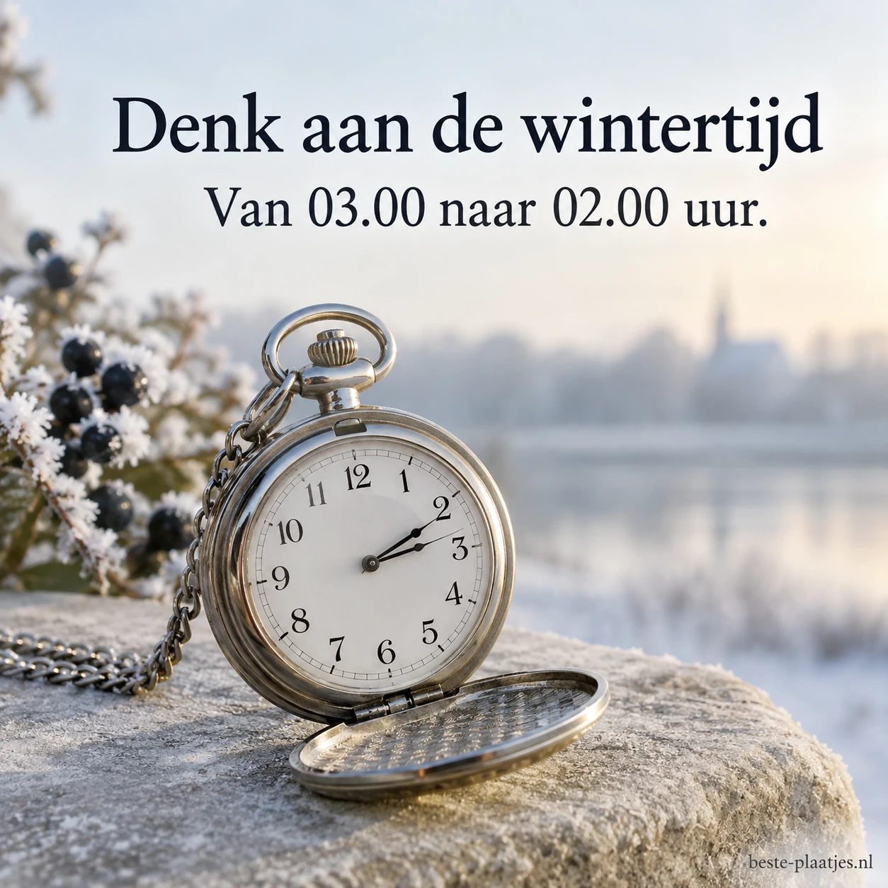 Een zilveren zakhorloge op een koele ondergrond herinnert aan het verzetten van de klok. Een zilveren zakhorloge op een koele ondergrond herinnert aan het verzetten van de klok.