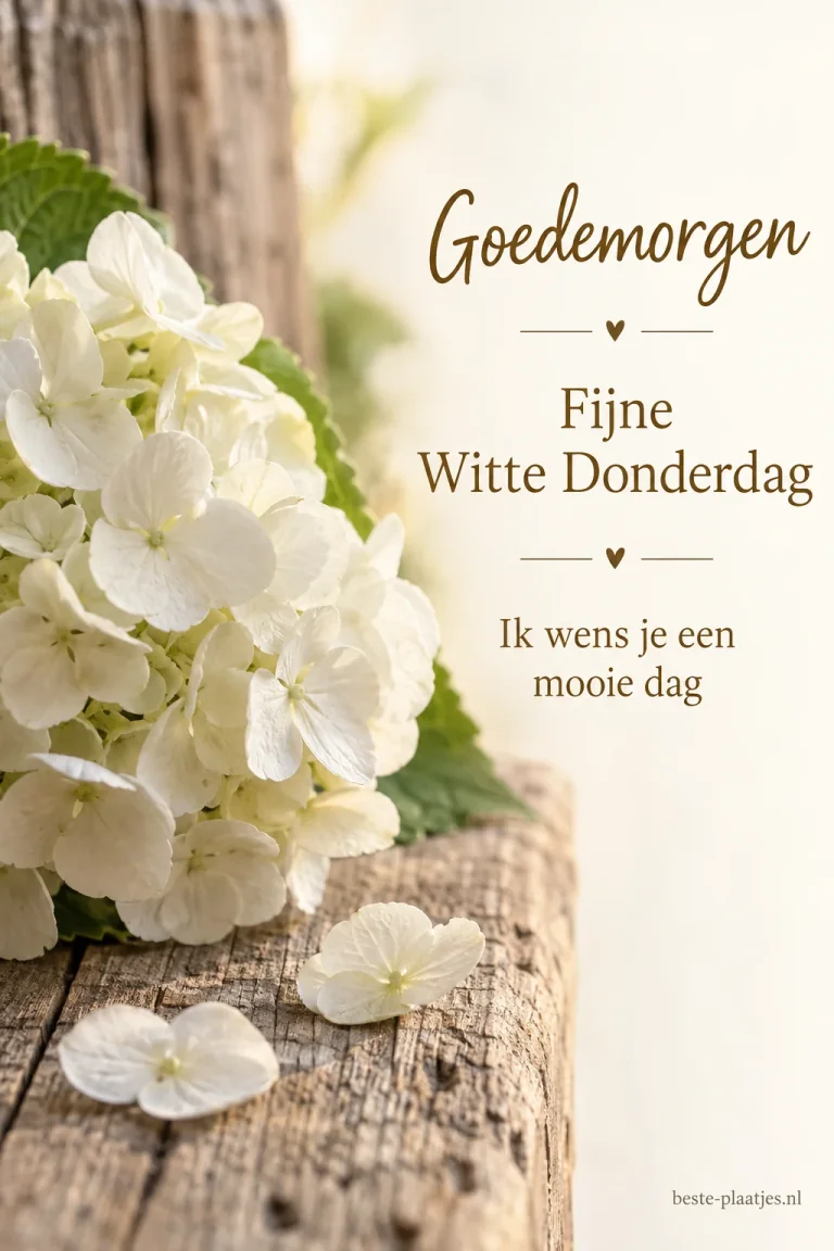 Witte hortensia ligt op verweerd hout naast een warme ochtendgroet.