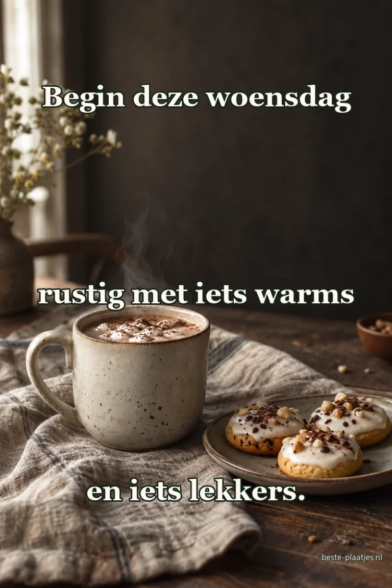 Een mok warme chocolademelk staat naast drie koekjes op een linnen doek.