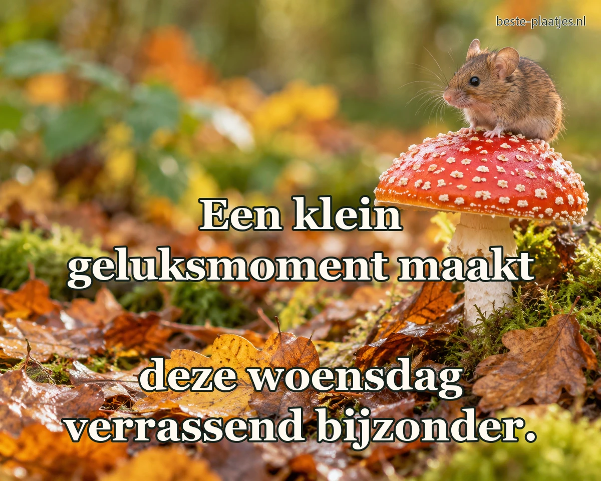 Een veldmuis zit op een rode paddenstoel tussen vochtige herfstbladeren.