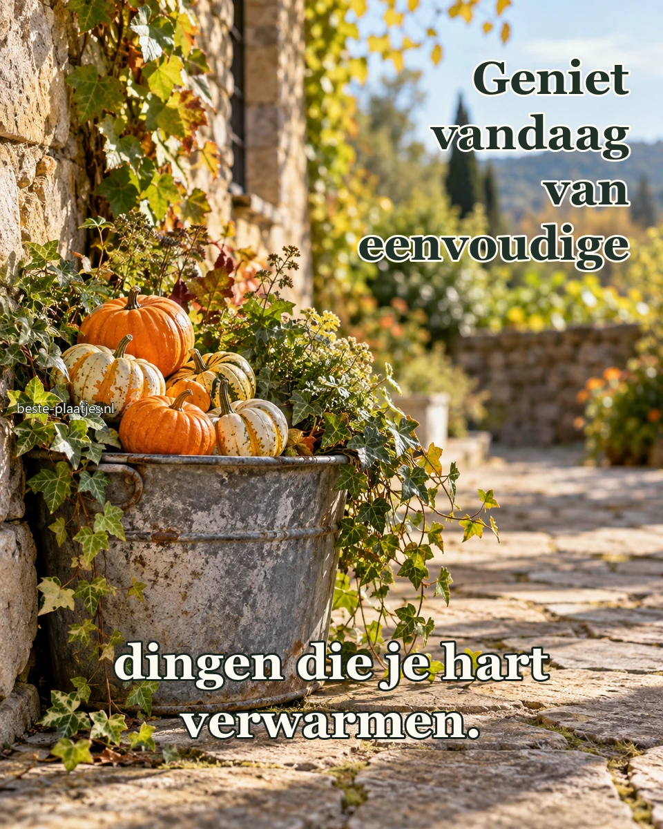 Een zinken bak met pompoenen en klimop staat bij een stenen tuinmuur.