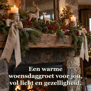 Een schouw is versierd met dennengroen, rode bessen en houten hertjes.