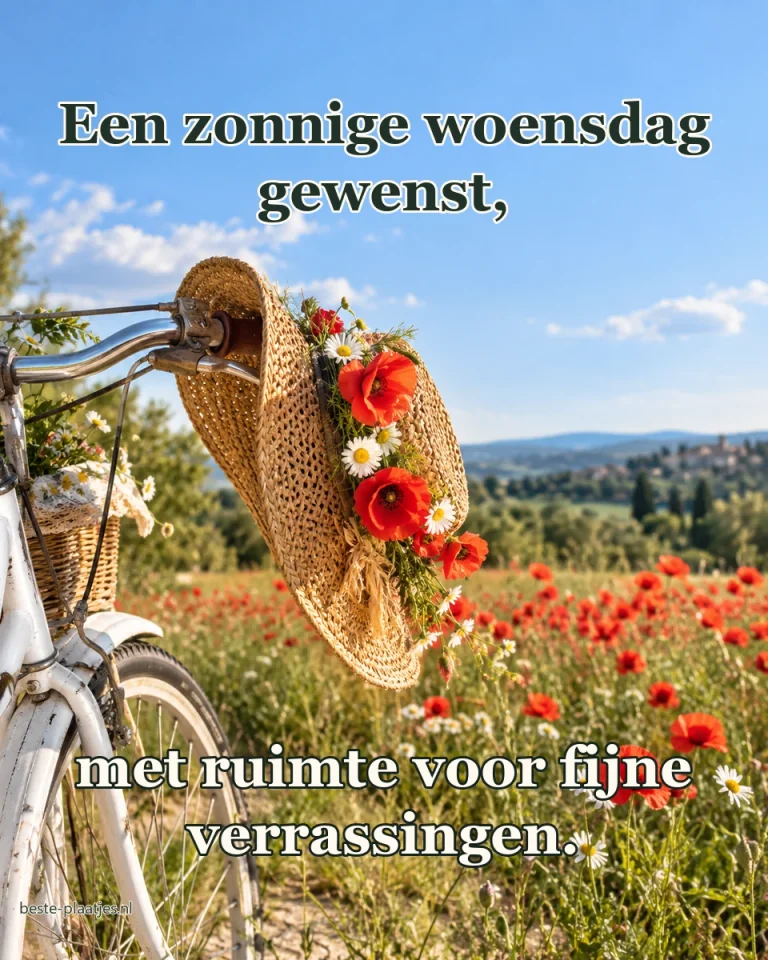 Een strohoed met klaprozen hangt aan een fiets bij een bloemenveld.