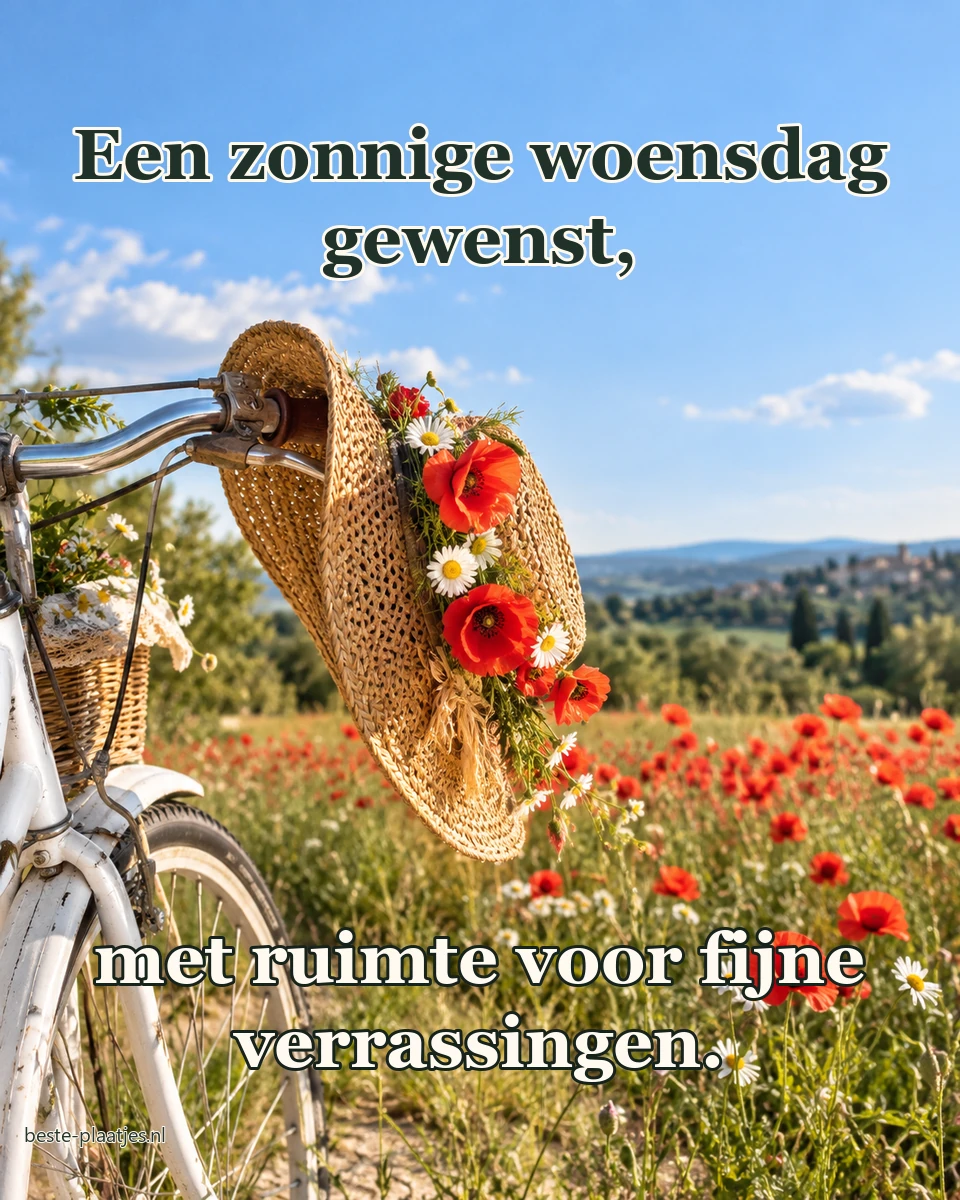 Een strohoed met klaprozen hangt aan een fiets bij een bloemenveld.