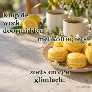 Citroenmacarons en twee koffiekopjes staan op een lichte stenen tafel.