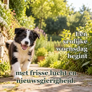 Een bordercolliepup loopt nieuwsgierig over een zonnig tuinpad.