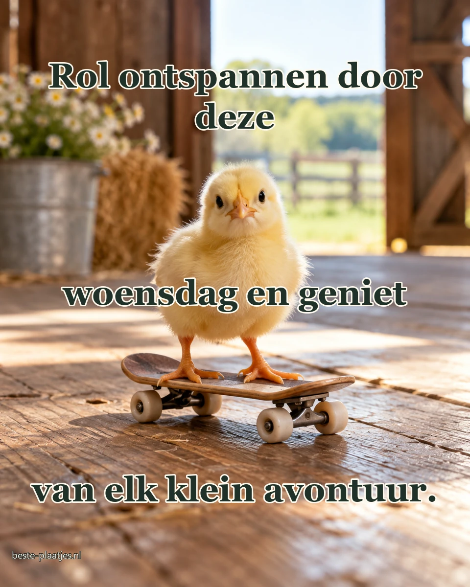 Een geel kuikentje staat op een klein houten skateboard in een schuur.