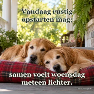 Twee golden retrievers rusten samen op een rood geruit kussen.