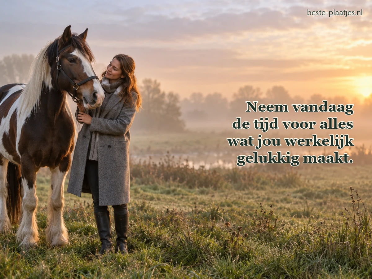 Een vrouw staat rustig naast een bont paard in een mistige weide.