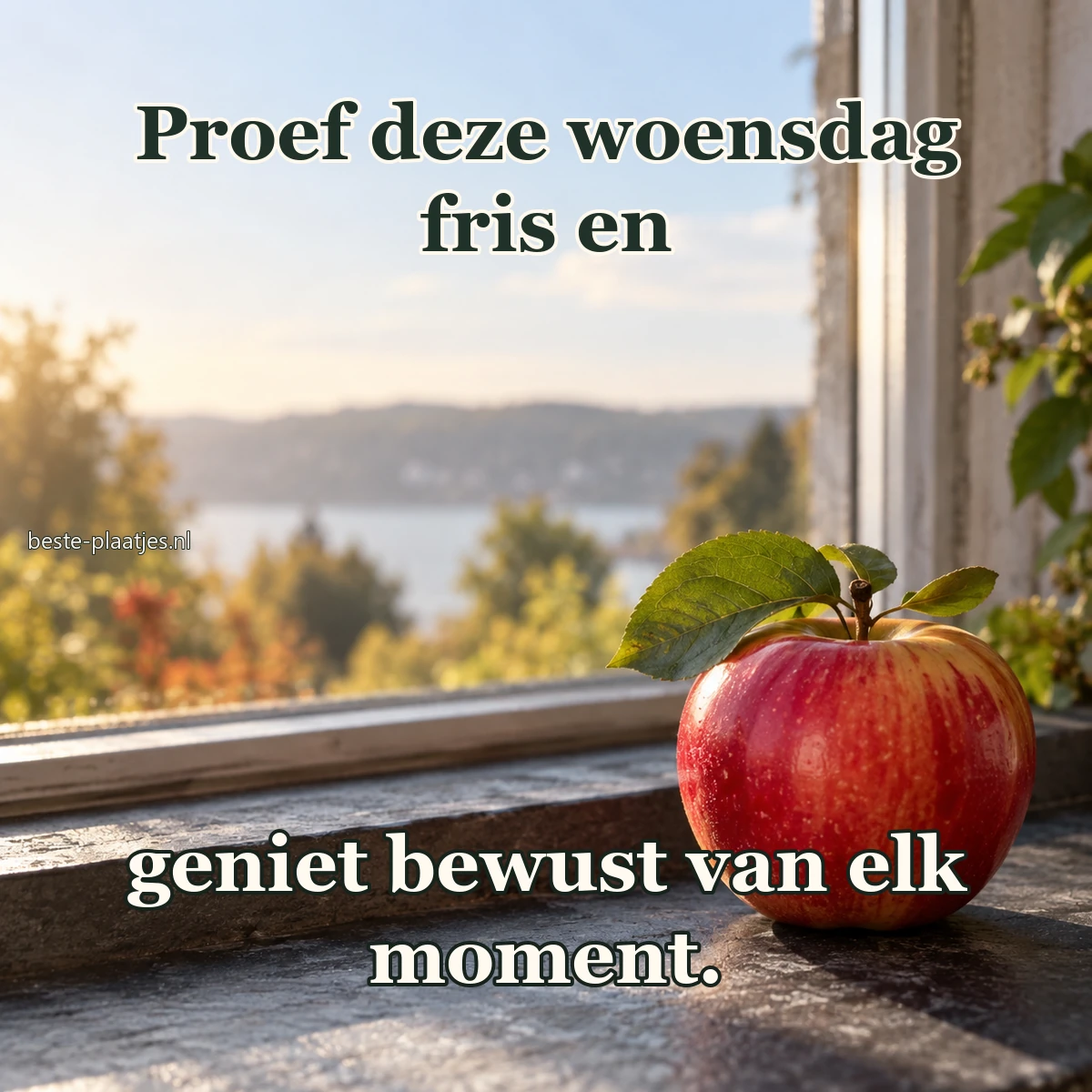 Een rode appel met bladeren ligt op een donkere vensterbank.