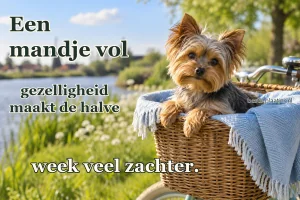 Een yorkshireterriër zit in een fietsmand met een blauwe deken.