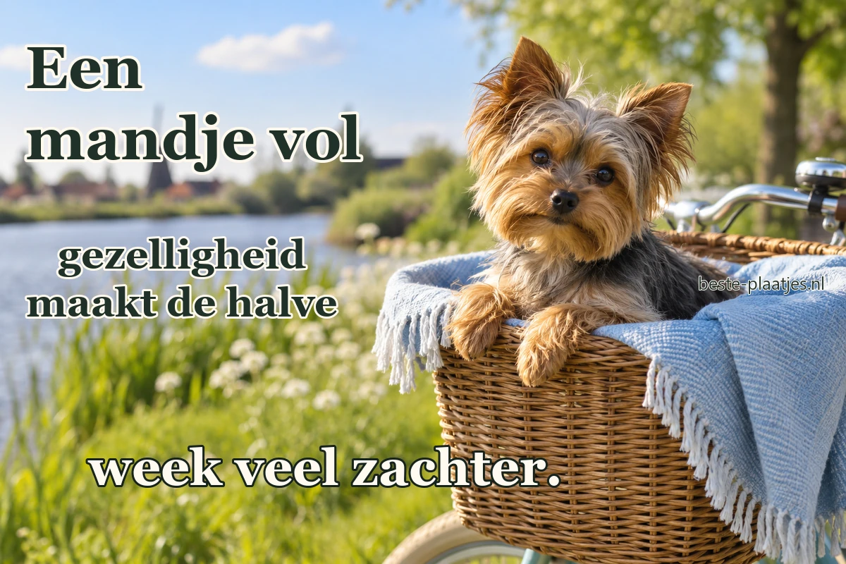 Een yorkshireterriër zit in een fietsmand met een blauwe deken.