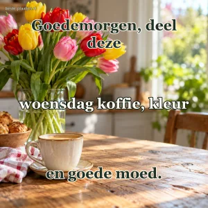 Een kleurig tulpenboeket staat achter een koffiekop op tafel.
