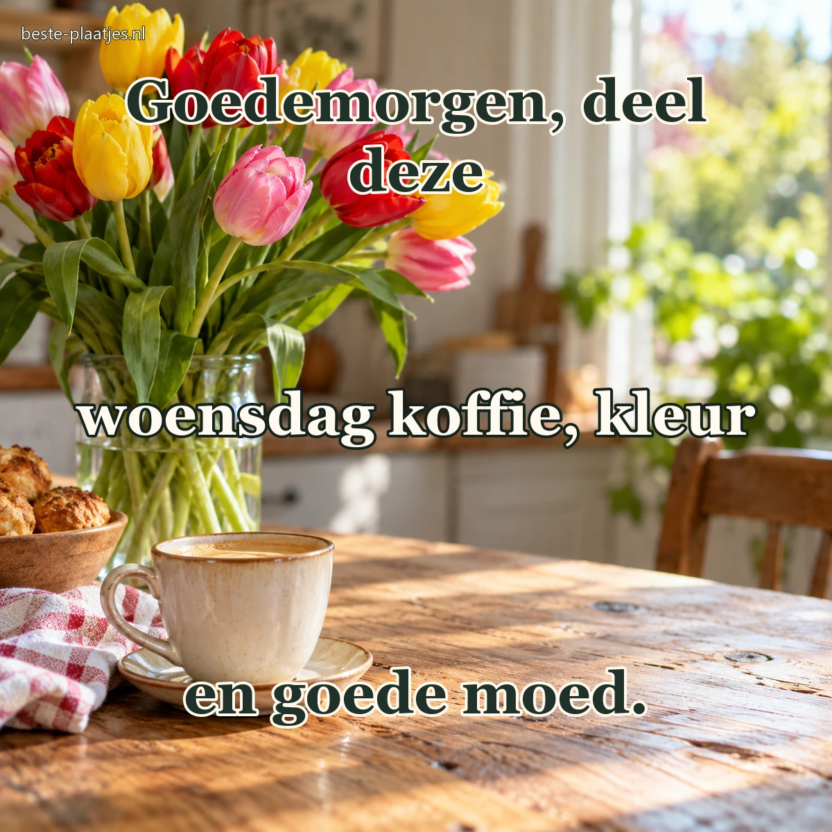 Een kleurig tulpenboeket staat achter een koffiekop op tafel.