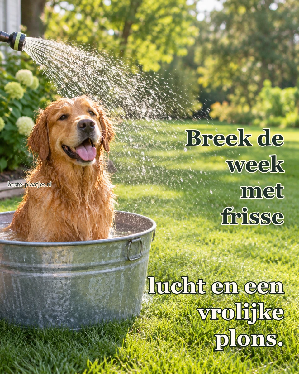 Een natte golden retriever zit blij in een zinken teil in de tuin.