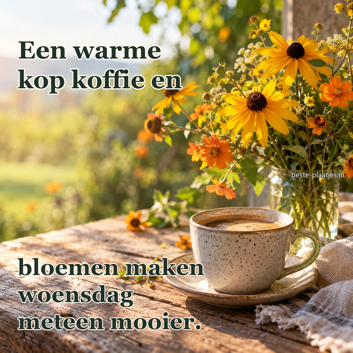 Een koffiekop staat naast een los boeket gele en oranje bloemen.