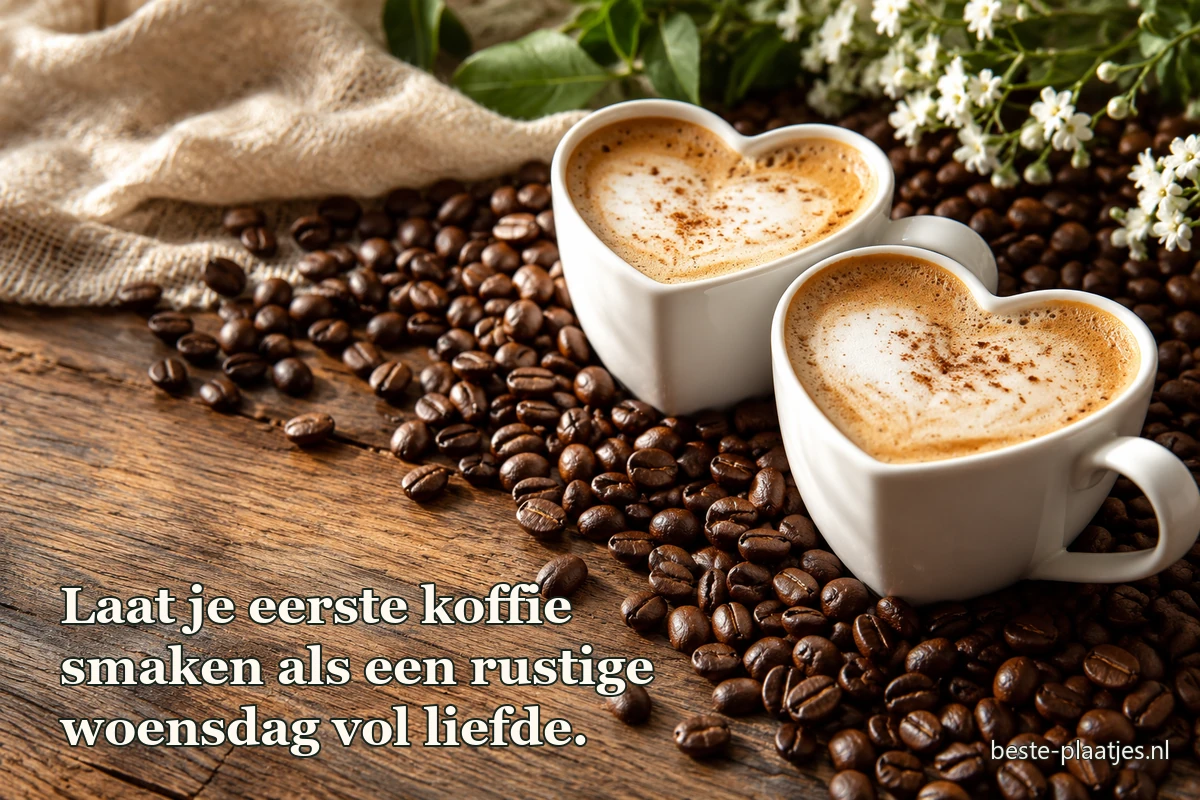 Twee hartvormige koffiekoppen staan tussen versgebrande koffiebonen.