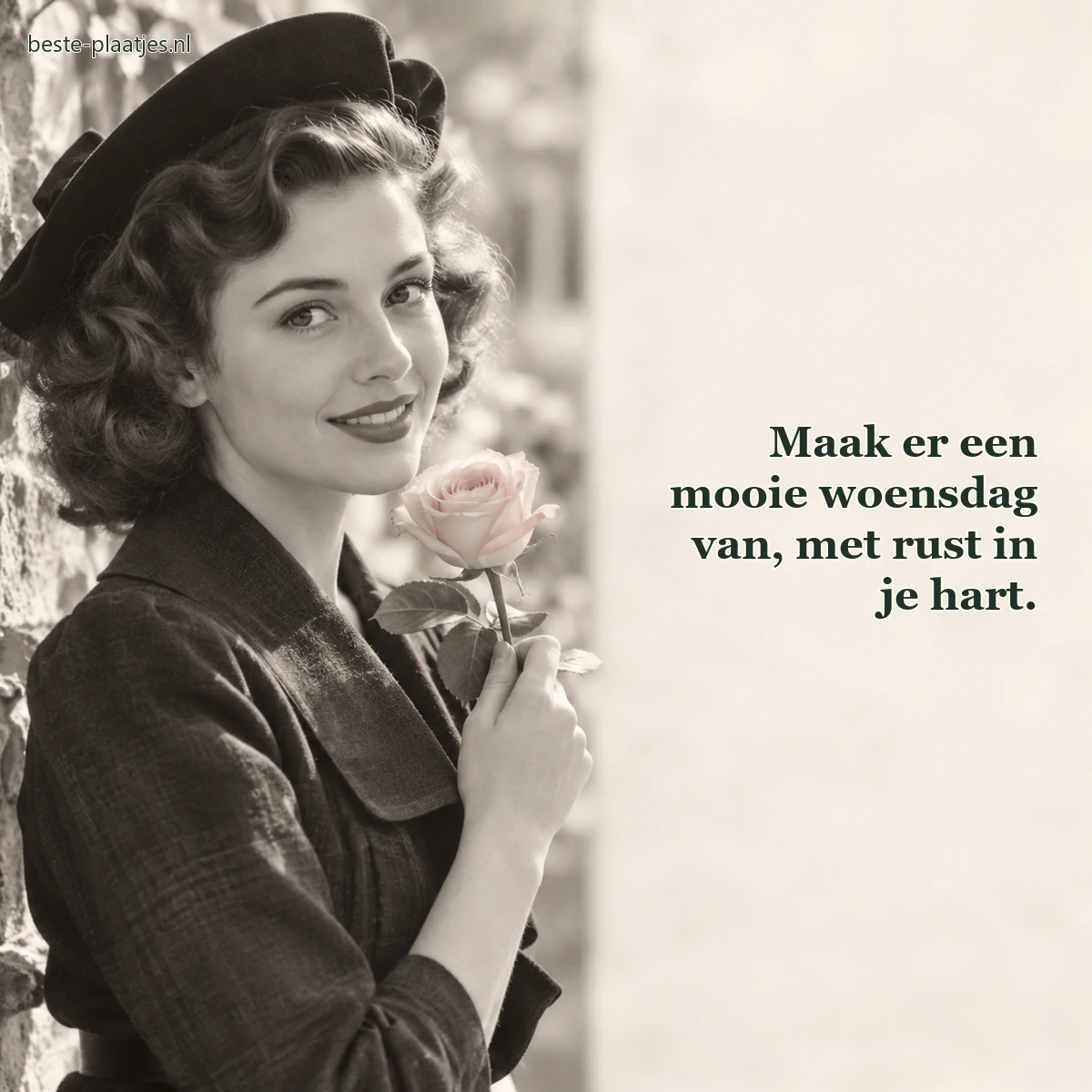 Een volwassen vrouw poseert in vintagestijl met een roze roos.