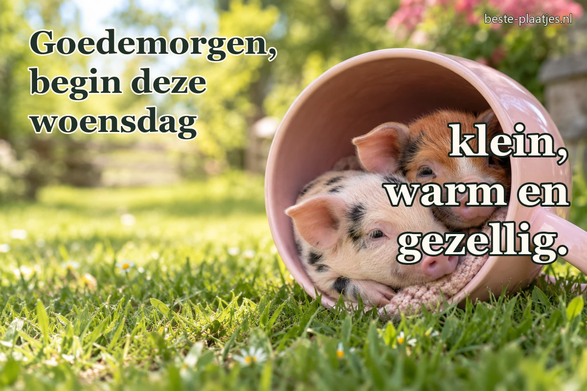 Twee kleine biggetjes liggen samen in een grote roze mok op het gras.