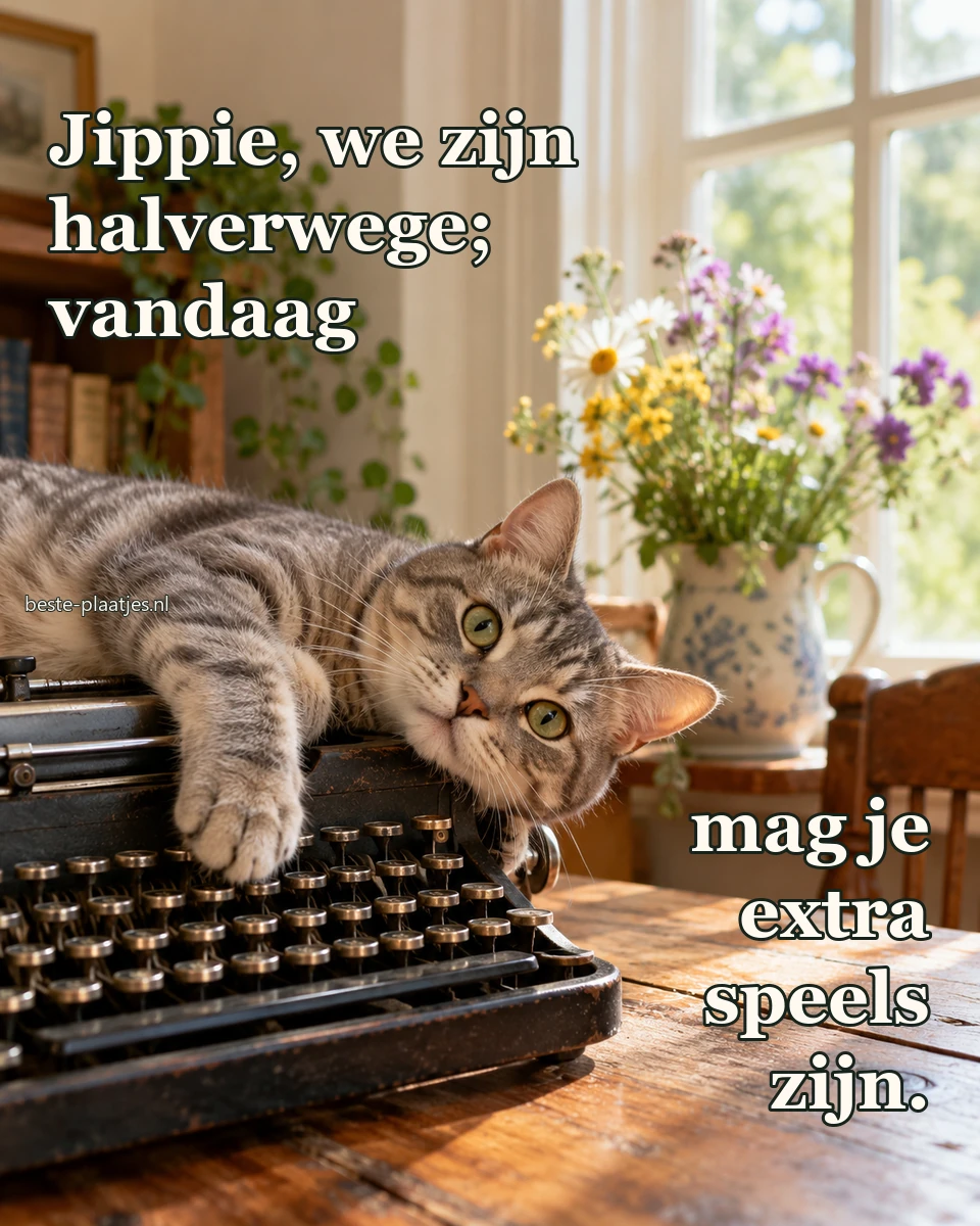 Een grijze kat ligt speels over de rand van een oude typemachine.