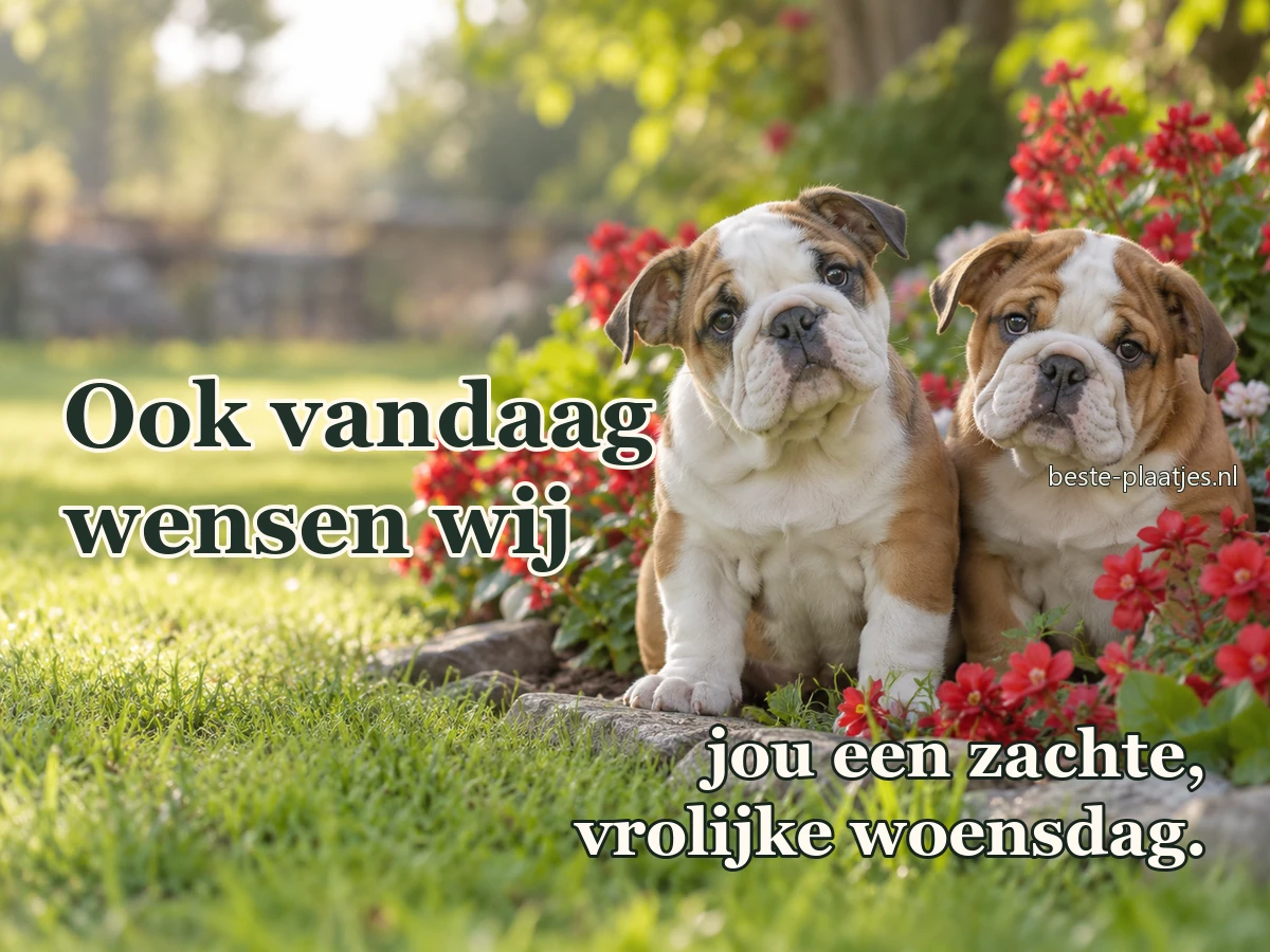 Twee bulldogpups zitten tussen lage rode bloemen in een zonnige tuin.