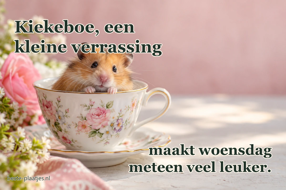 Een goudhamster kijkt uit een bloemrijk porseleinen kopje.