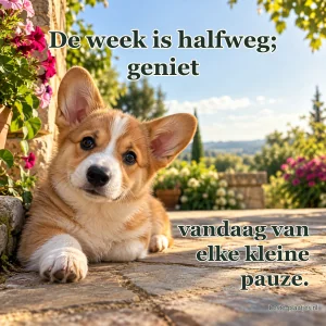 Een corgipup ligt nieuwsgierig met één poot vooruit op het terras.