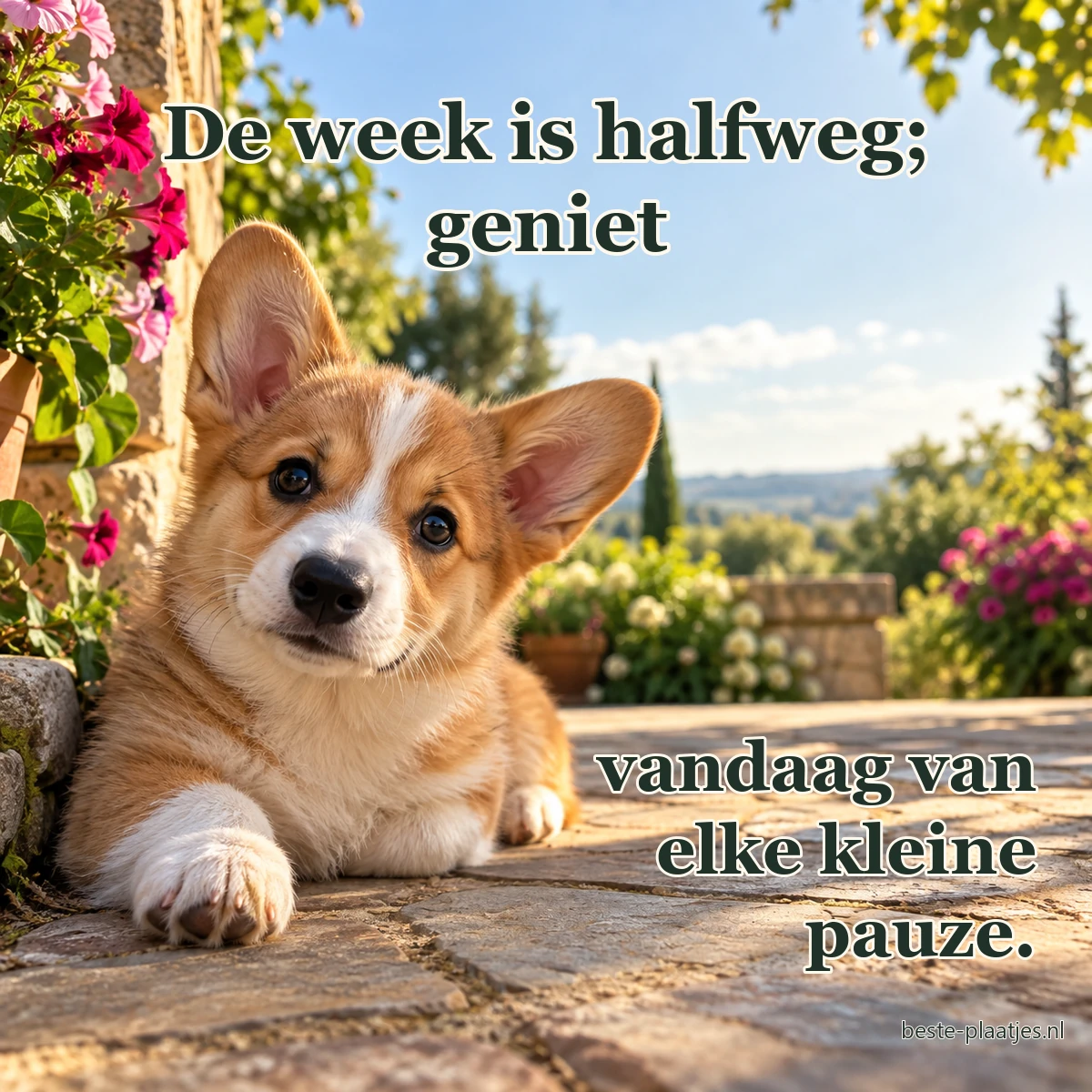 Een corgipup ligt nieuwsgierig met één poot vooruit op het terras.