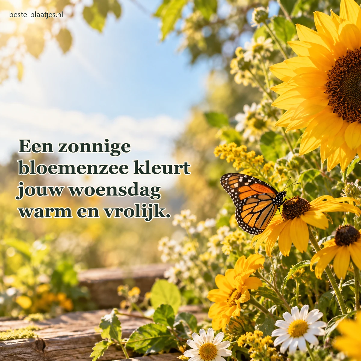 Een monarchvlinder rust tussen verschillende zonnige gele bloemen.