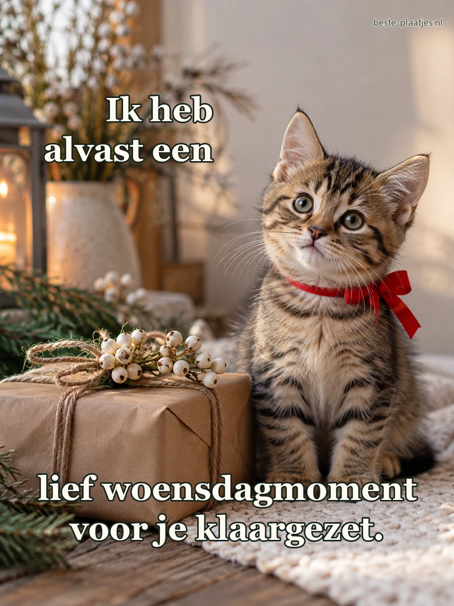 Een jonge tabbykat zit bij een eenvoudig ingepakt cadeautje.