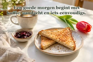 Koffie, toast, jam en een rode tulp liggen op een witte ontbijttafel.