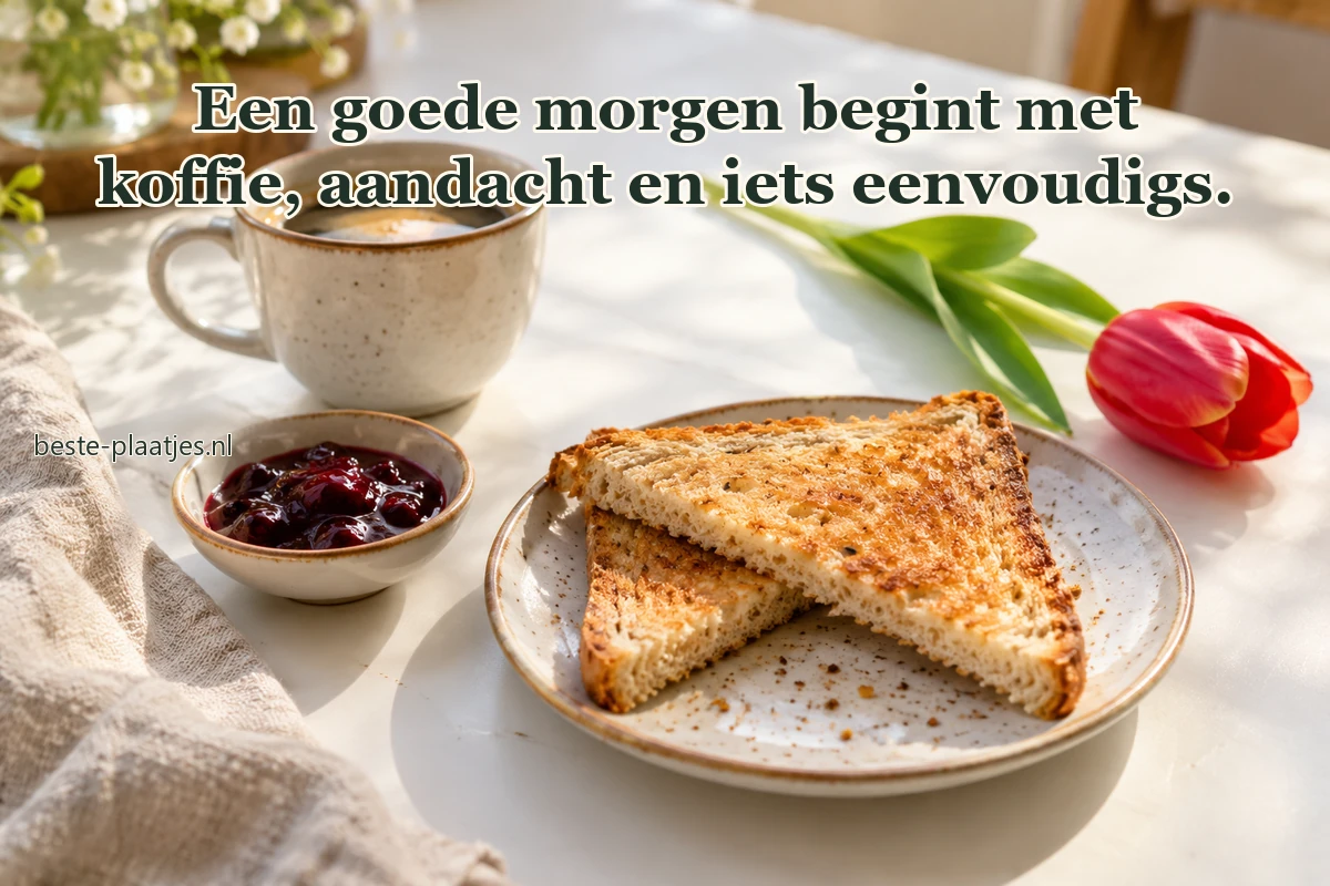 Koffie, toast, jam en een rode tulp liggen op een witte ontbijttafel.